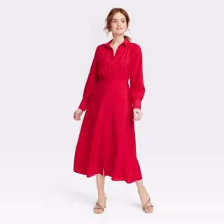 Long Sleeve Collared Midi Crepe Shirtdress