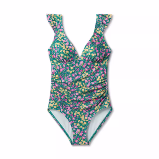 Ruffle Shoulder Ruched Full Coverage One Piece Swimsuit