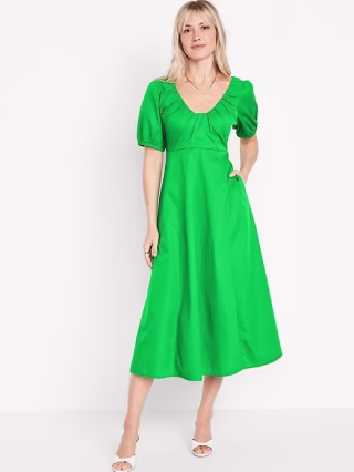 Puff-Sleeve Midi Swing Dress