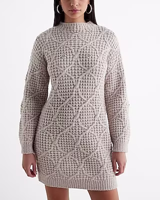 Rhinestone Embellished Mock Neck Mini Sweater Dress
