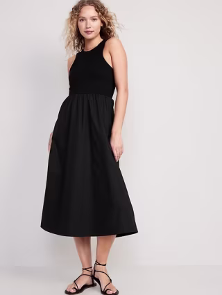 Fit & Flare High-Neck Combination Midi Dress