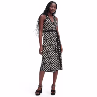 Collared Sleeveless Vintage Weave Sweaterknit Midi Wrap Dress