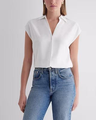Satin V-Neck Cap Sleeve Open Collar Shirt