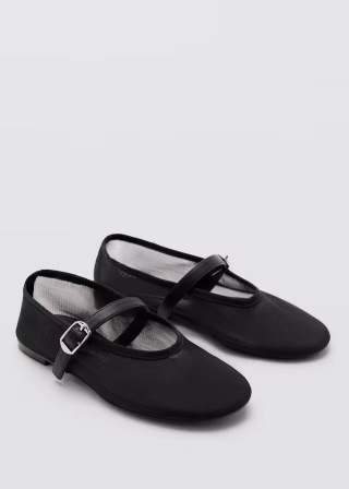 Mesh Ballerinas with Buckle Strap in Black