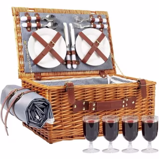 Large Insulated Wicker Picnic Basket Set for 4