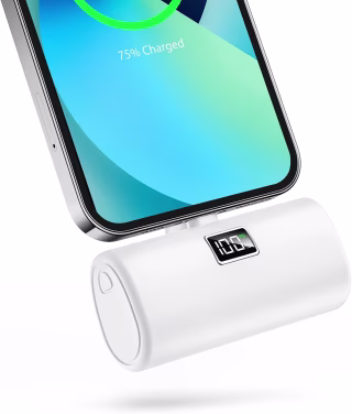 Mini power bank plugged into phone. 