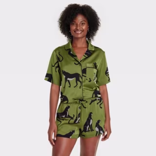 Auden Women's Satin Notch Collar Short Sleeve and Shorts Pajama Set
