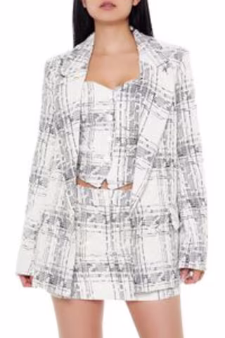 Notched Plaid Tweed Blazer