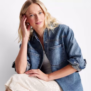Long Sleeve Collared Western Denim Button-Down Shirt