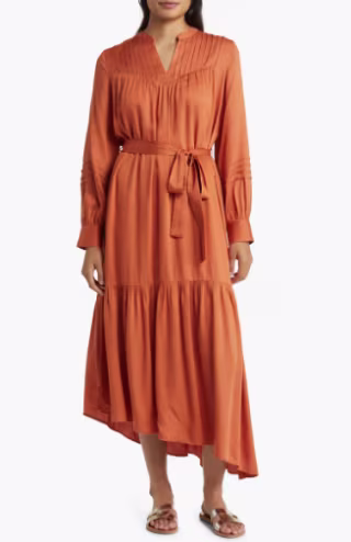 Du Paradis Tie Waist Long Sleeve Asymmetric Maxi Dress