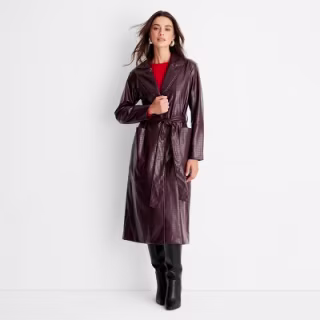 Burgundy Faux Croc Trench Coat