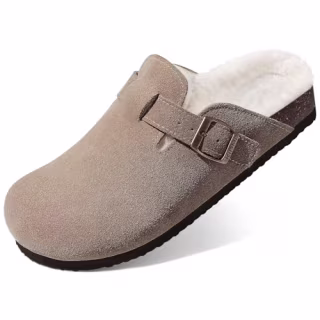 Fur Lined Suede Clogs Fuzzy Cork Footbed Mules 