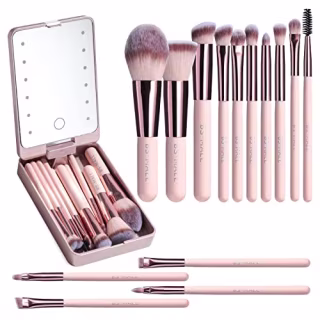 Travel Makeup Brush Set with LED light Mirror (Set of 14)