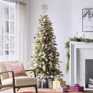 Pre-lit Flocked Balsam Fir Artificial Tree Warm White LED Lights (6' 5")