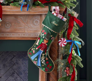 Nutcracker Embroidered Velvet Christmas Stocking