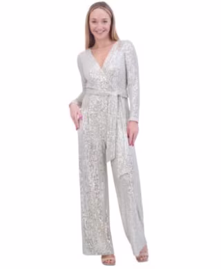 Sequin Wrap Front Long Sleeve Jumpsuit
