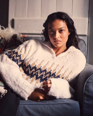 Fair Isle Johnny-Collar Sweater in Bouclé Yarn