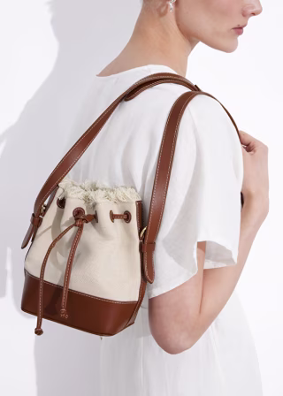 Leather-Trimmed Canvas Bucket Bag