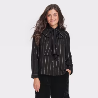 Long Sleeve Tie-Front Bow Blouse