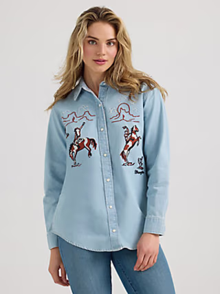 Embroidered Boyfriend Western Snap Denim Shirt