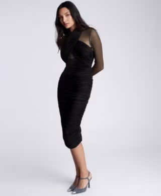 Women's Long Sleeve Side Ruched Mesh Dress