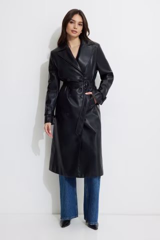 Military Faux Leather Trench Coat