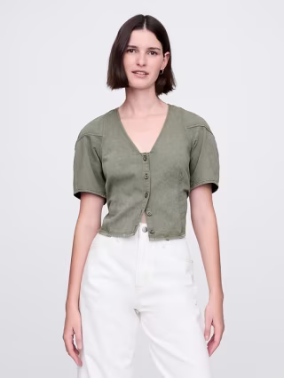 Barrel-Sleeve Cropped Denim Shirt