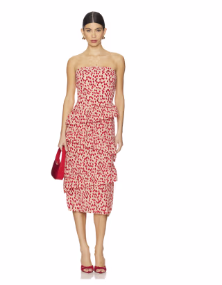 Plissé Asymmetric Tiered Ruffle Strapless Midi Dress