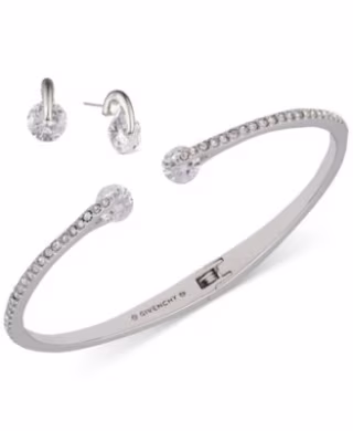 Set of Color Floating Stone & Crystal Cuff Bangle Bracelet & Matching Stud Earrings