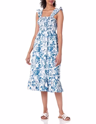 The Drop Kimi Ruffled Shoulder Smocked Midi Dress