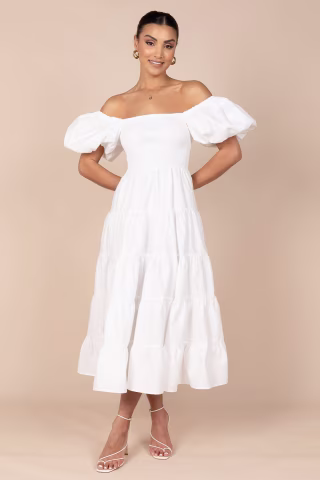 Petal & Pup Annette Puff Sleeve Shirred Midi Dress
