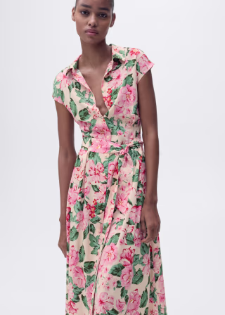 Printed Shirt Dress with Belt