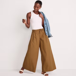 Lands' End Women's Poplin Mid Rise Pleated Slouchy Pants