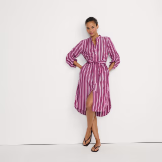 Lands' End Women's Poplin Oversized Puff Sleeve Midi Shirt Dress