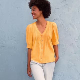 Lands' End Women's Button Pintuck Puff Sleeve Top