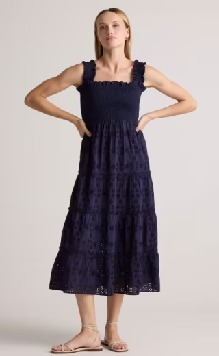 Quince 100% Organic Cotton Eyelet Smocked Midi Dress