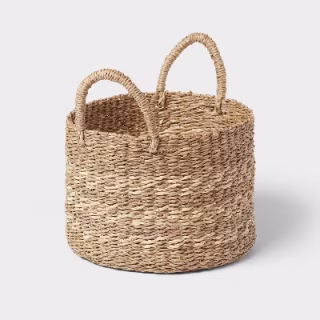 Brightroom Woven Round Seagrass and Palm Leaf Striped Basket