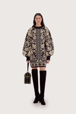 Farm Rio Black Pineapple Garden Mini Sweater Dress