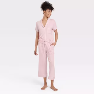 Auden Cloud Knit Modal Short Sleeve Notch Collar Top and Capri Pants Pajama Set