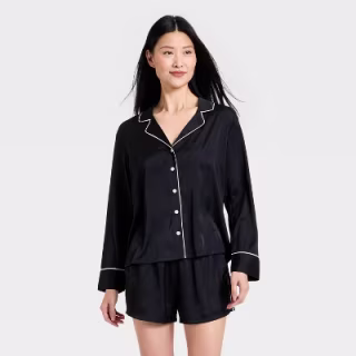 Auden Luxury Collection Satin Notch Collar Long Sleeve Shirt and Shorts Pajama Set