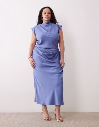 Asos Design Satin High Neck Pleated Bodice Midi Dress