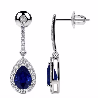 Lab Grown Blue Sapphire Pear Shape Dangling Earring With Round Diamonds (4.58cttw)