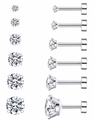 6 Hypoallergenic Cubic Zirconia Flat Back Earrings