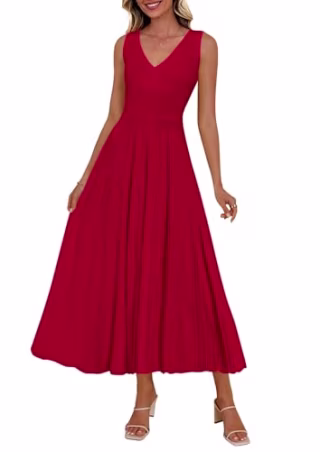 Prettygarden Spring Casual Sleeveless V Neck Pleated Midi