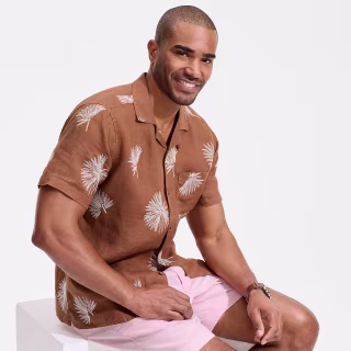 Lands' End Men's Short Sleeve Linen Hawaiian Camp Collar Shirt