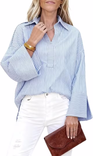 Watashi Collared Oversize Stripe Henley Shirt