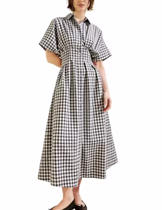 Yeokou Short Sleeve Gingham Shirt Dress