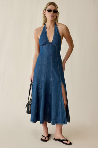 BDG Real Talk Seamed Denim Halter Neck Midi Dress