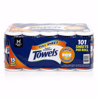 Member's Mark, Huge Roll 2 ply, White, Paper Towel 15 Rolls, 101 sheets/roll