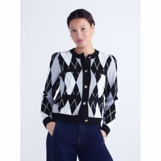 Free Assembly Argyle Cardigan Sweater with Puff Sleeves